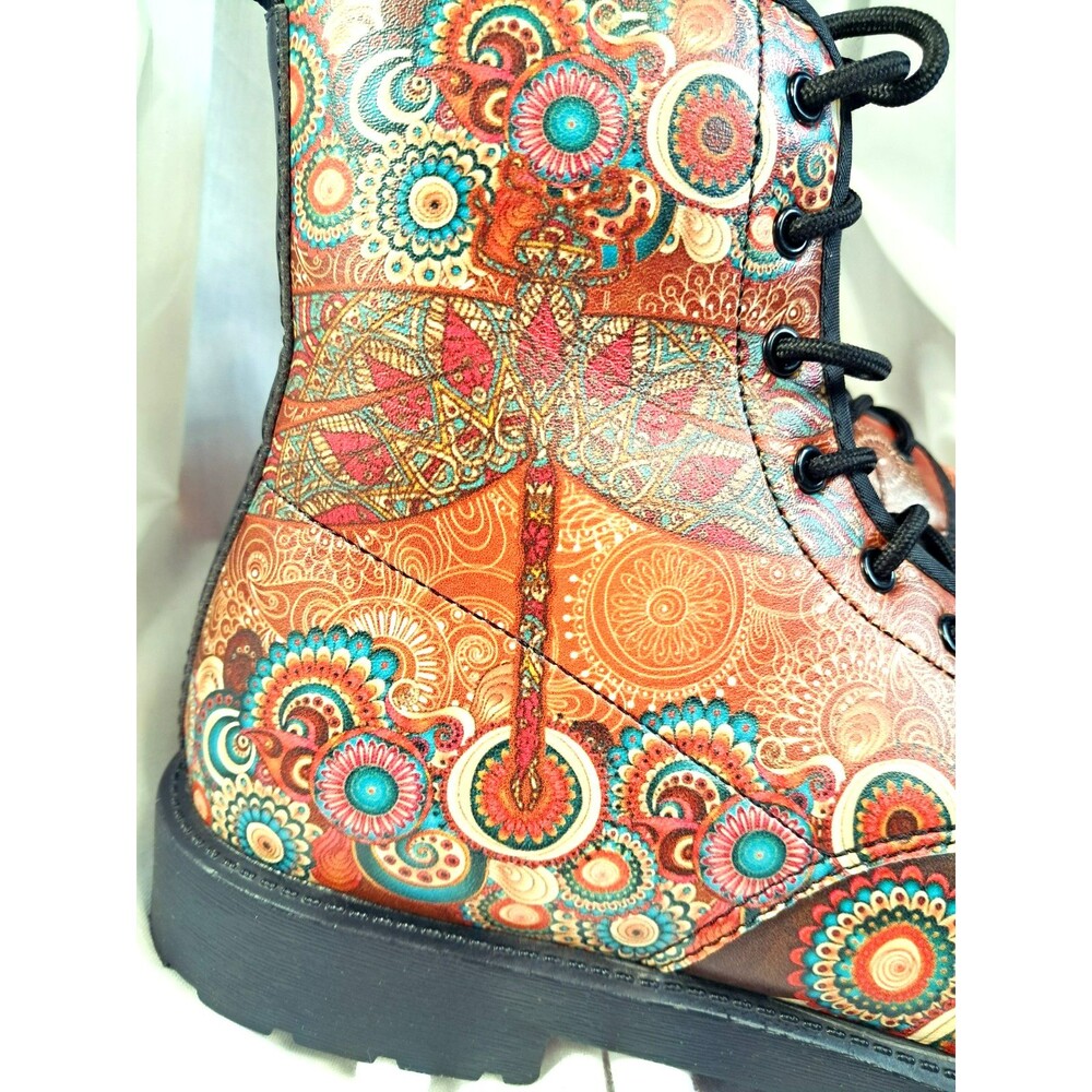 Mandala Orange Dragon Fly Womens 11 Wide Mens 8.5 Eu 42 Combat Boots Vegan - Picture 5 of 8